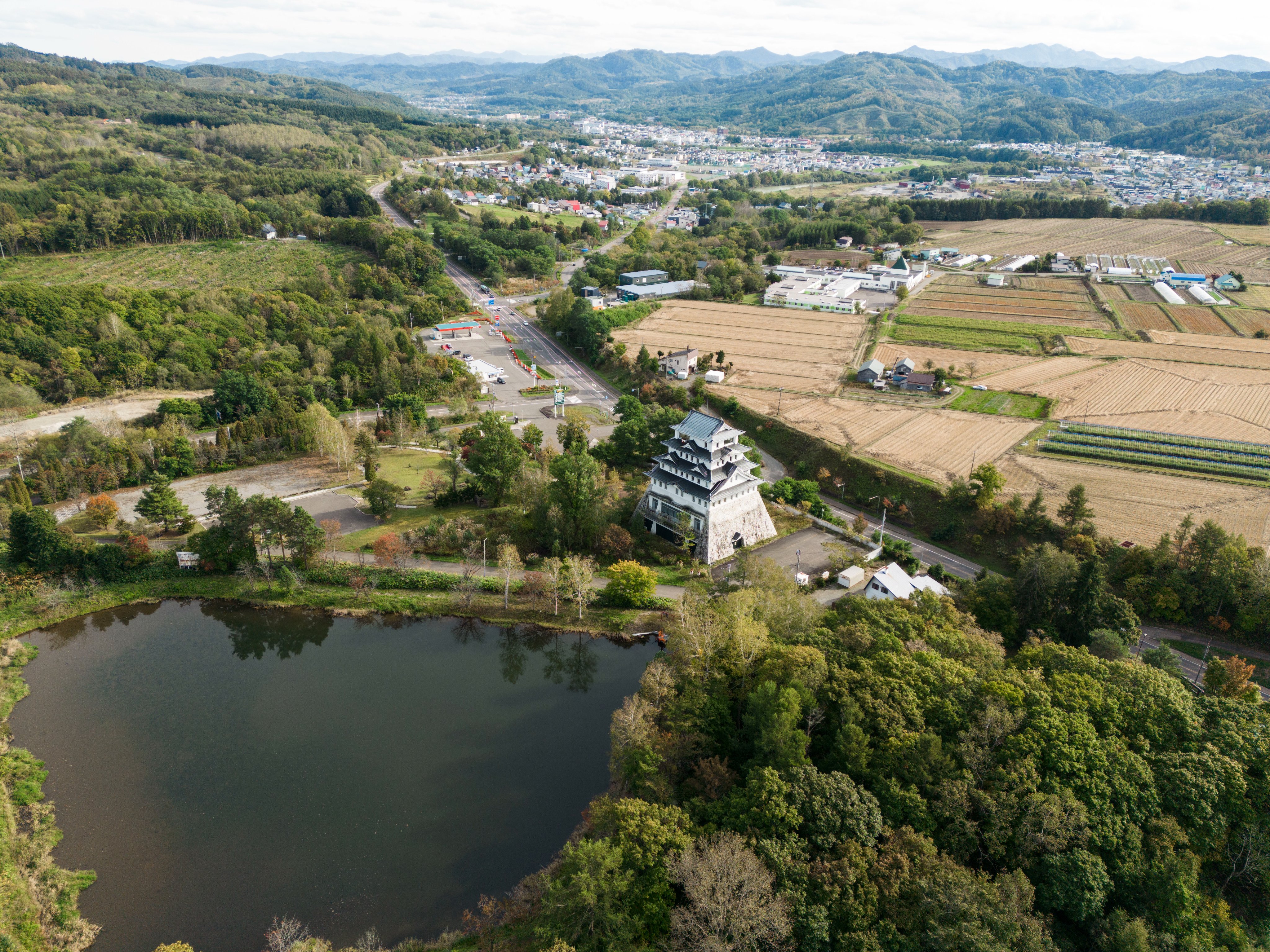 Aerial view of the castle in the Akabira landscape